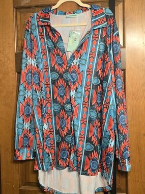 Aztec Print Button-Front Tunic Top - Turquoise & Red
